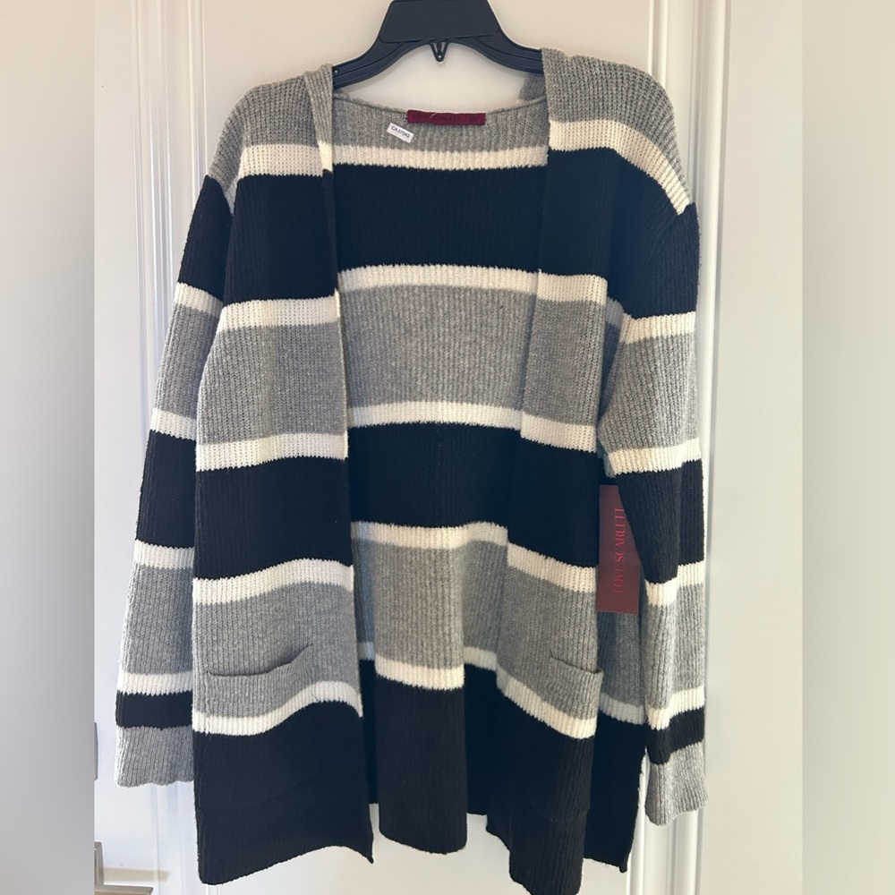 Love Scarlett Striped Ribbed Black/Grey/White  Hoodie Cardigan in Size Large
